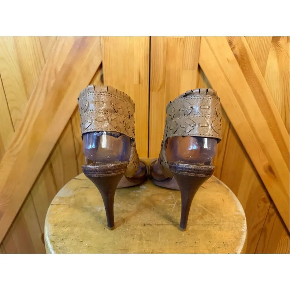 Tory Burch woven leather heels Light Brown Size 10.5M Ankle Cuff Elastic